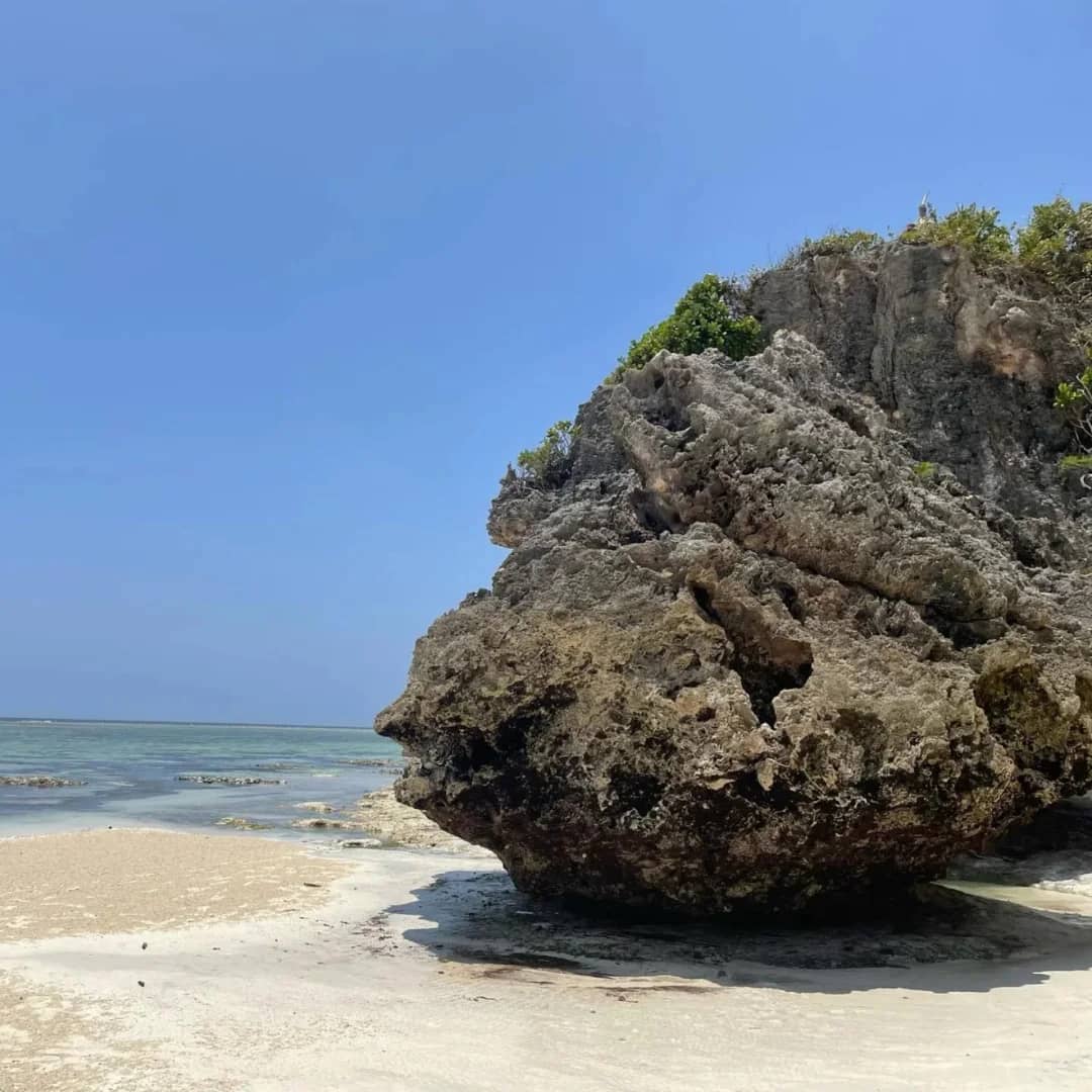 A coral rock formation on a white beach near Stone Town