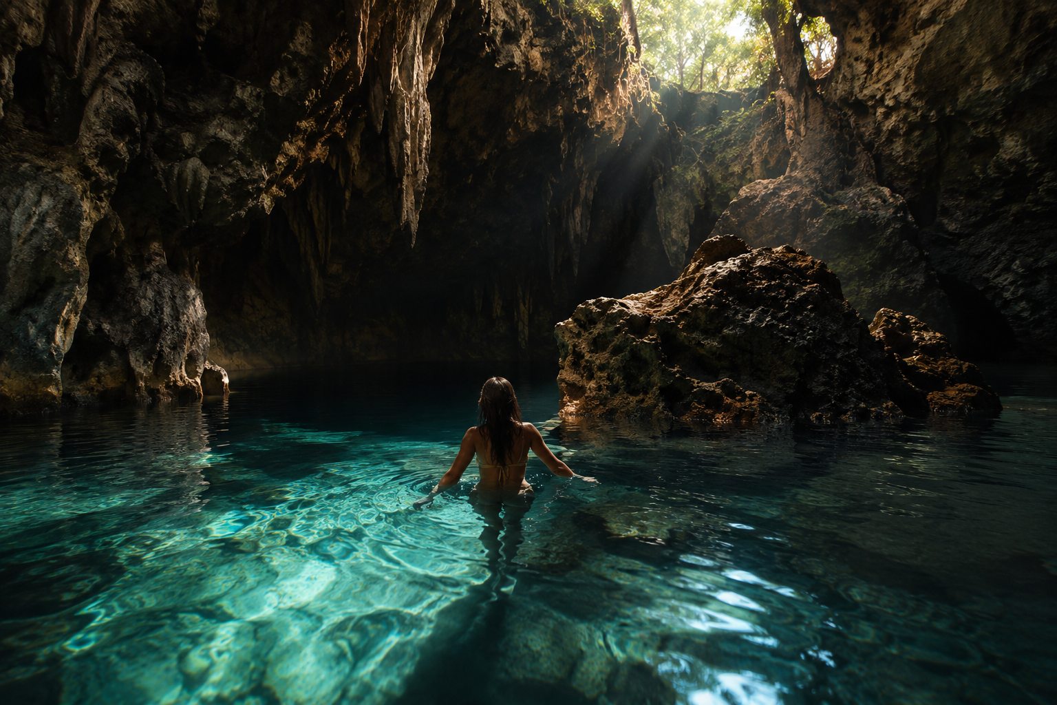 Swimming in a turquoise natural cave pool near Zanzibar