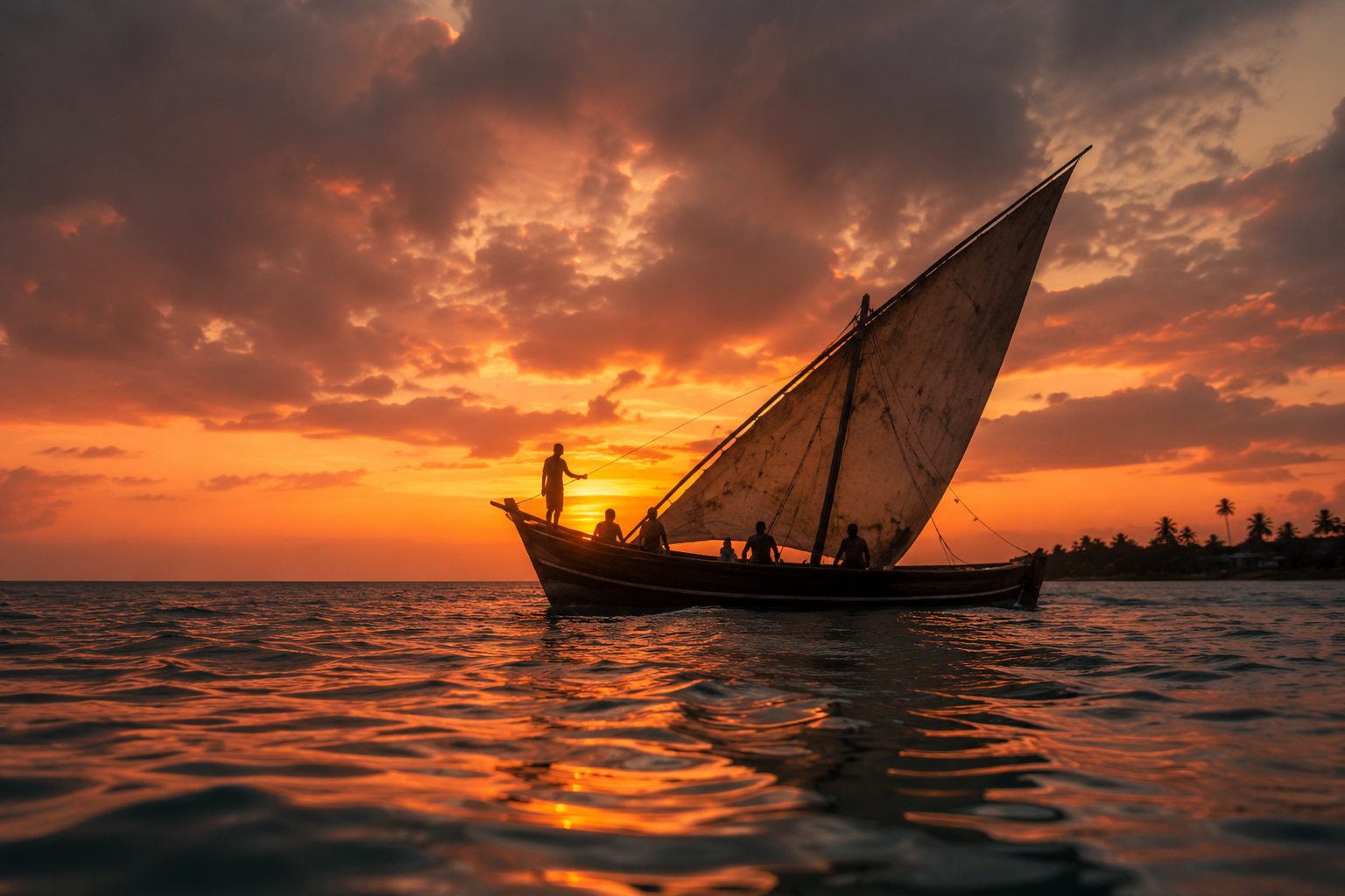 Traditional Zanzibar dhow sailing at sunset with the crew aboard