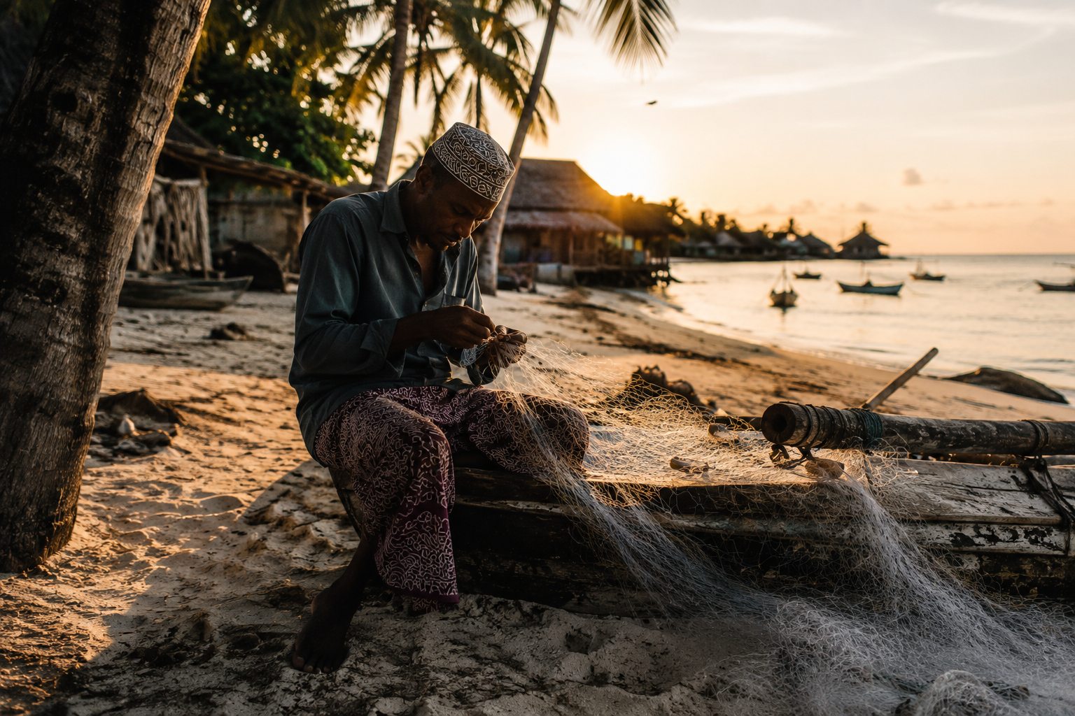 A local fisherman mending his net on the beach at sunset in Zanzibar