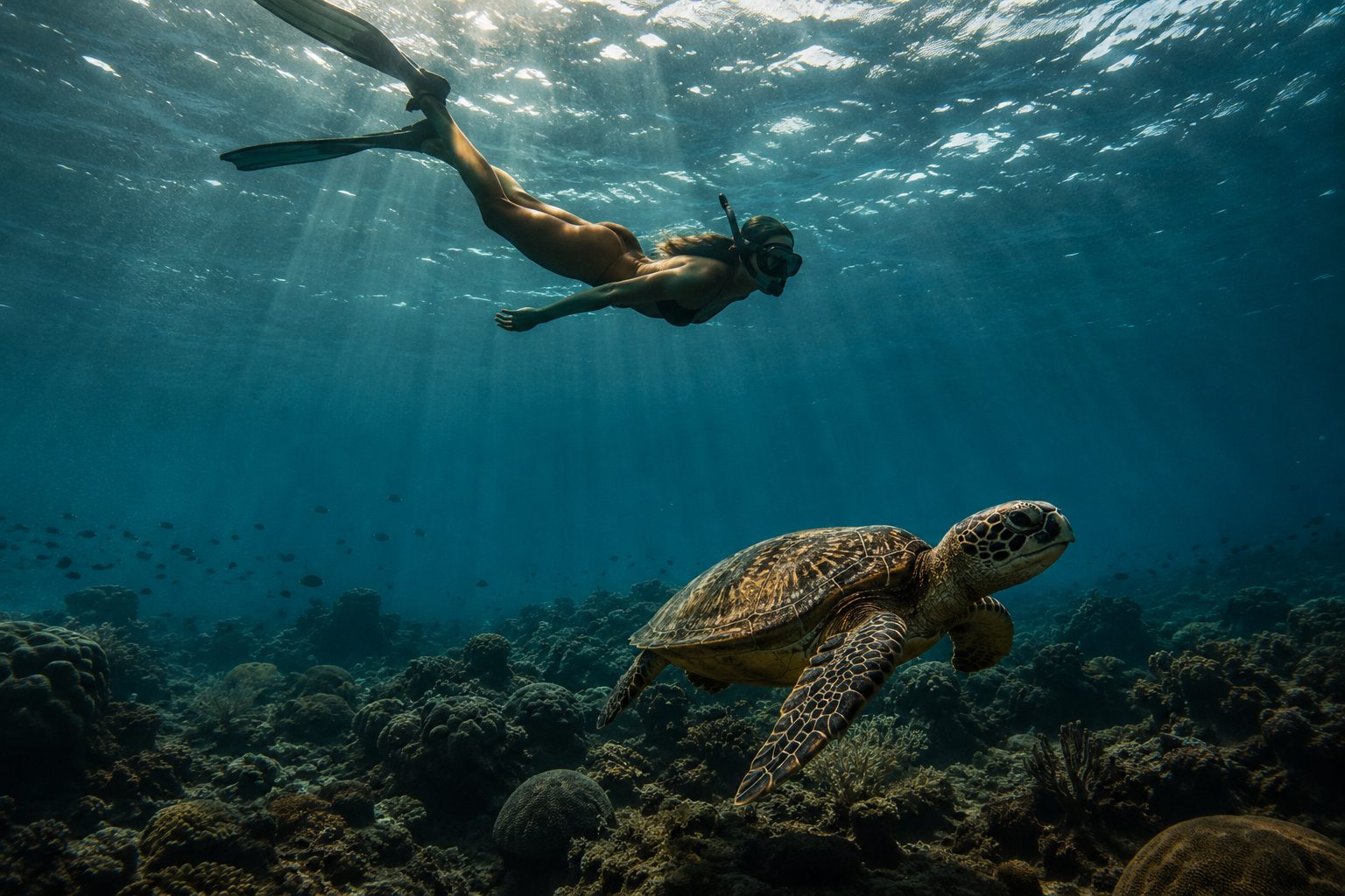 Snorkeller diving down to a green sea turtle on Mnemba reef, Zanzibar