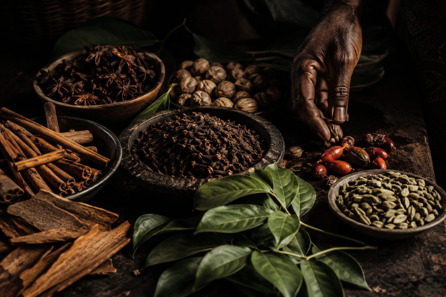 Cinnamon, star anise, cloves and cardamom on a Zanzibar spice farm