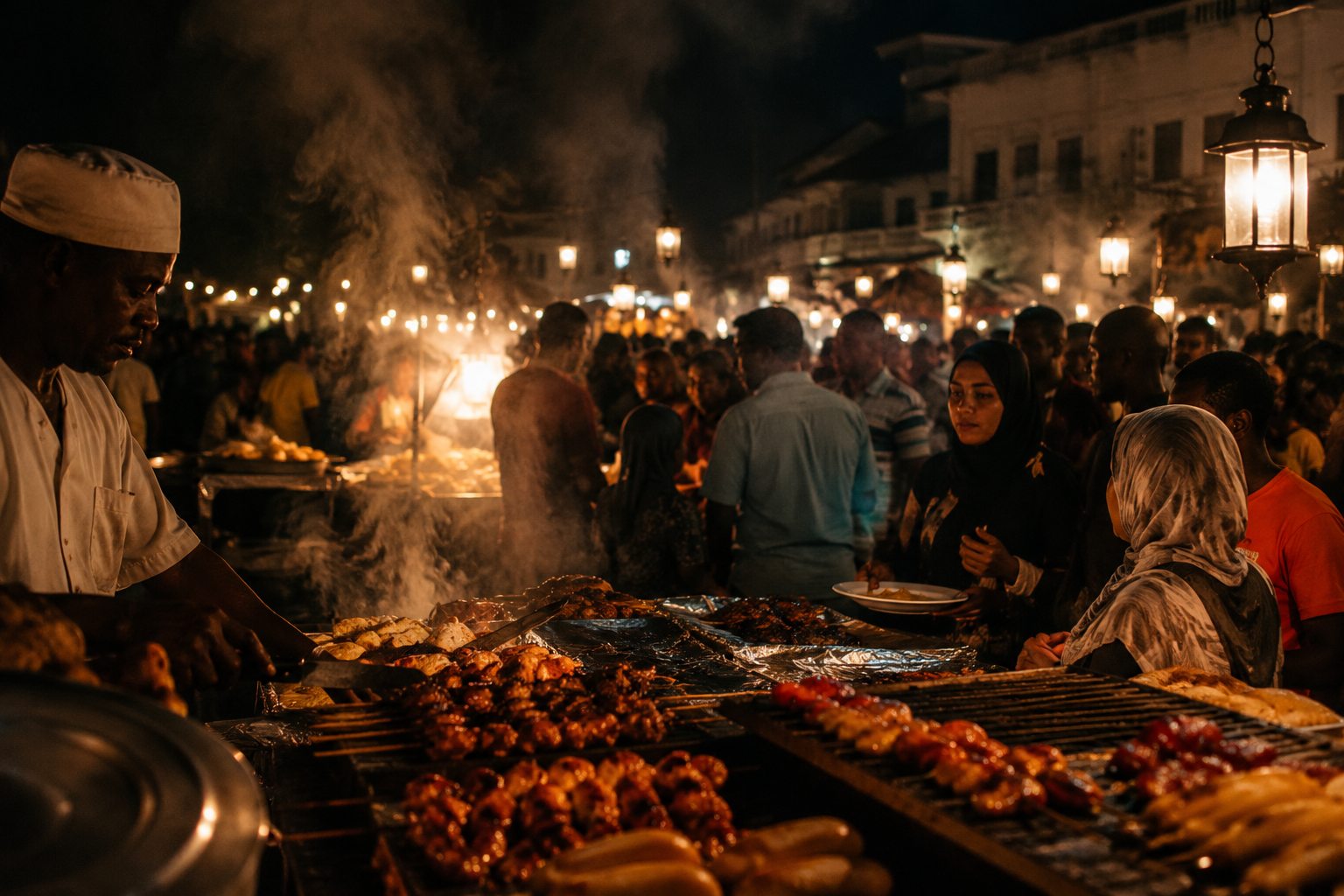 Grilled skewers and lantern light at a Stone Town night food market, Zanzibar
